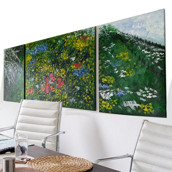 Bilder Handgemalt Acryl Leinwand "Blumenwiese" Original 3er Set H 70 / B 50-100 cm
